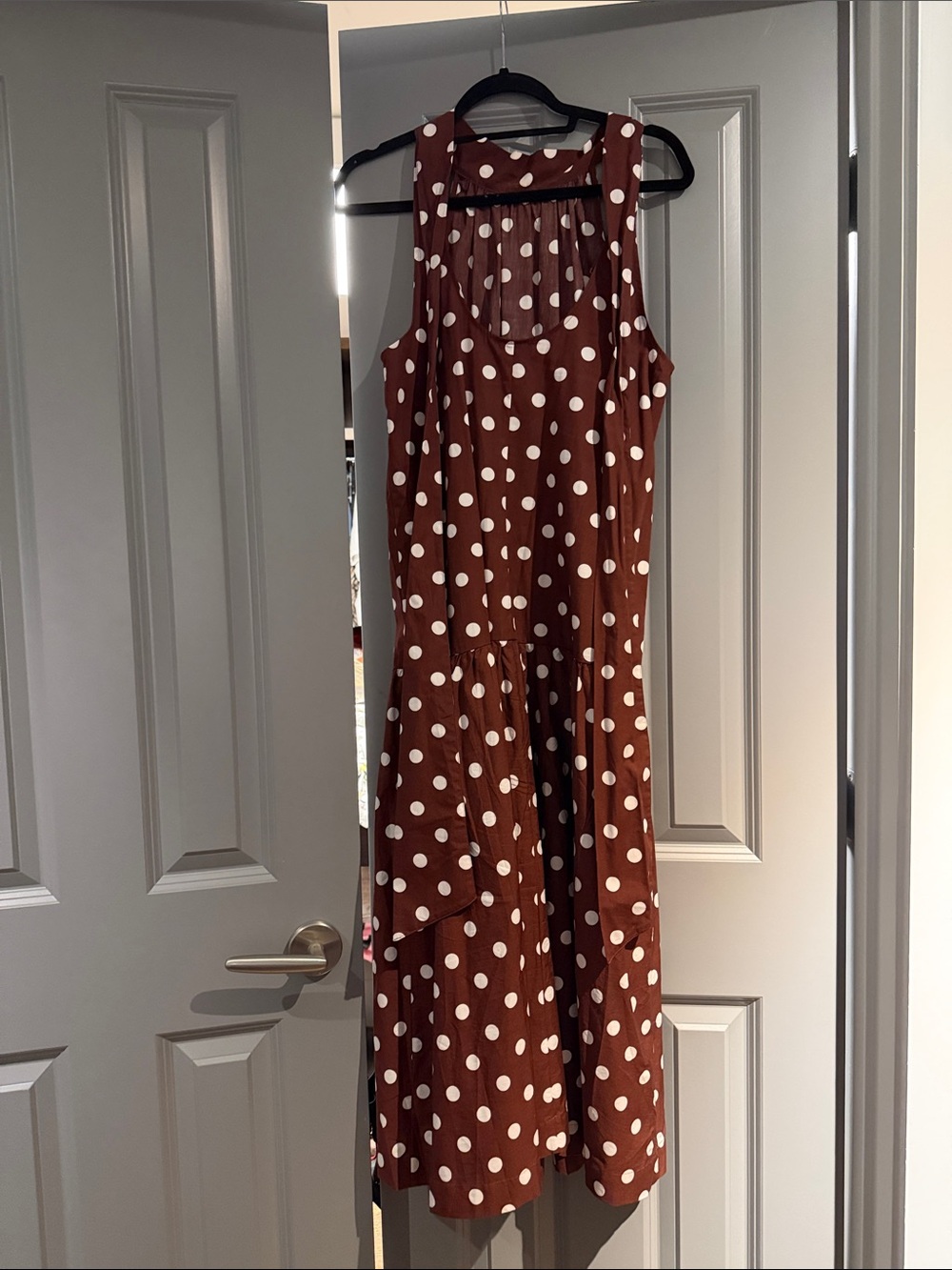 Anthropologie (Maeve) Brown & White Polka Dot Halter Midi Dress - Picture 4 of 7